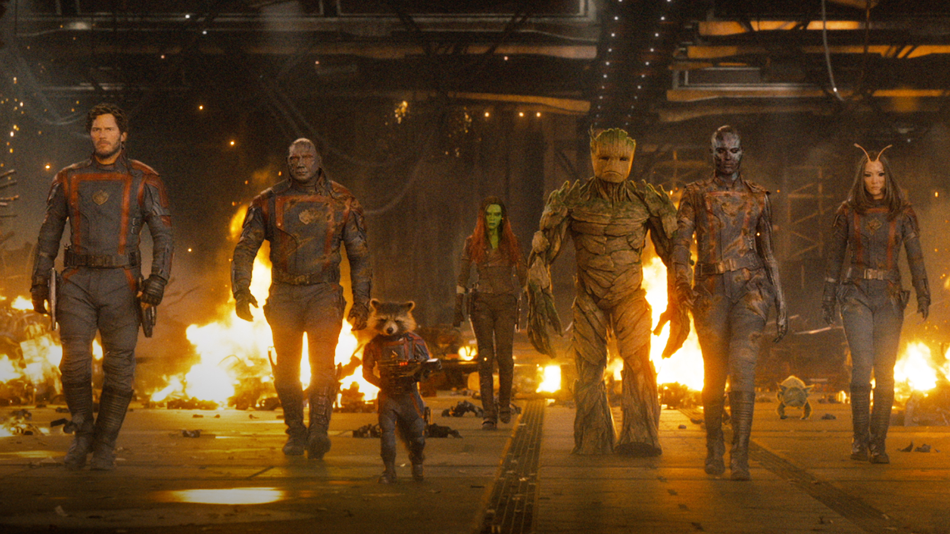 Starlord, Drax, Rocket, Gamora, Groot, Nebula and Mantis in Guardians of the Galaxy Volume 3